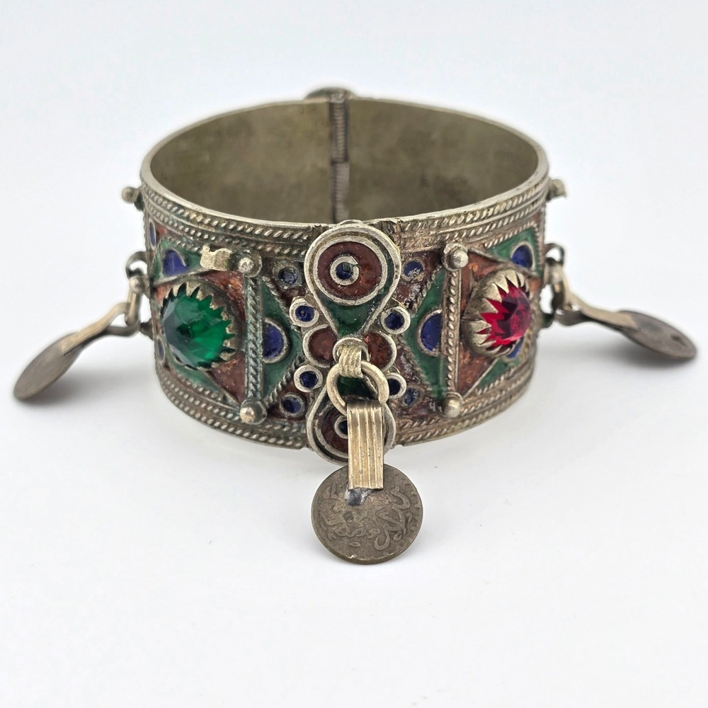 Vintage Berber Moroccan Style‎ Enamel Cuff Bracelet Ethnic Tribal Coin Bangle